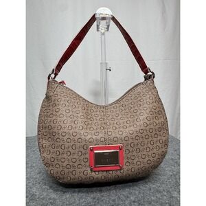GUESS Beige Brown Logo Hobo Shoulder Bag Purse Coral Color Faux Leather Strap‎
